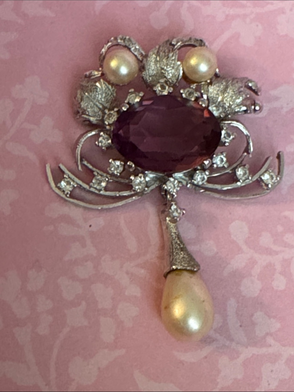 Vintage Brooch Purple Crystal And Pearl Drop Silver-Tone Brooch Costume Jewelry